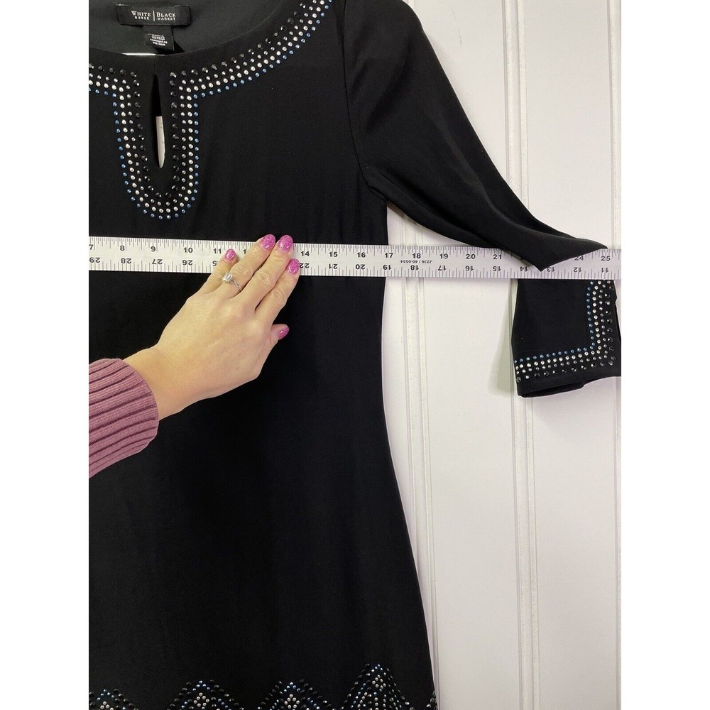 White House Black Market Black Blue Silver Rhinestones Keyhole Neck Size XS - Picture 9 of 14